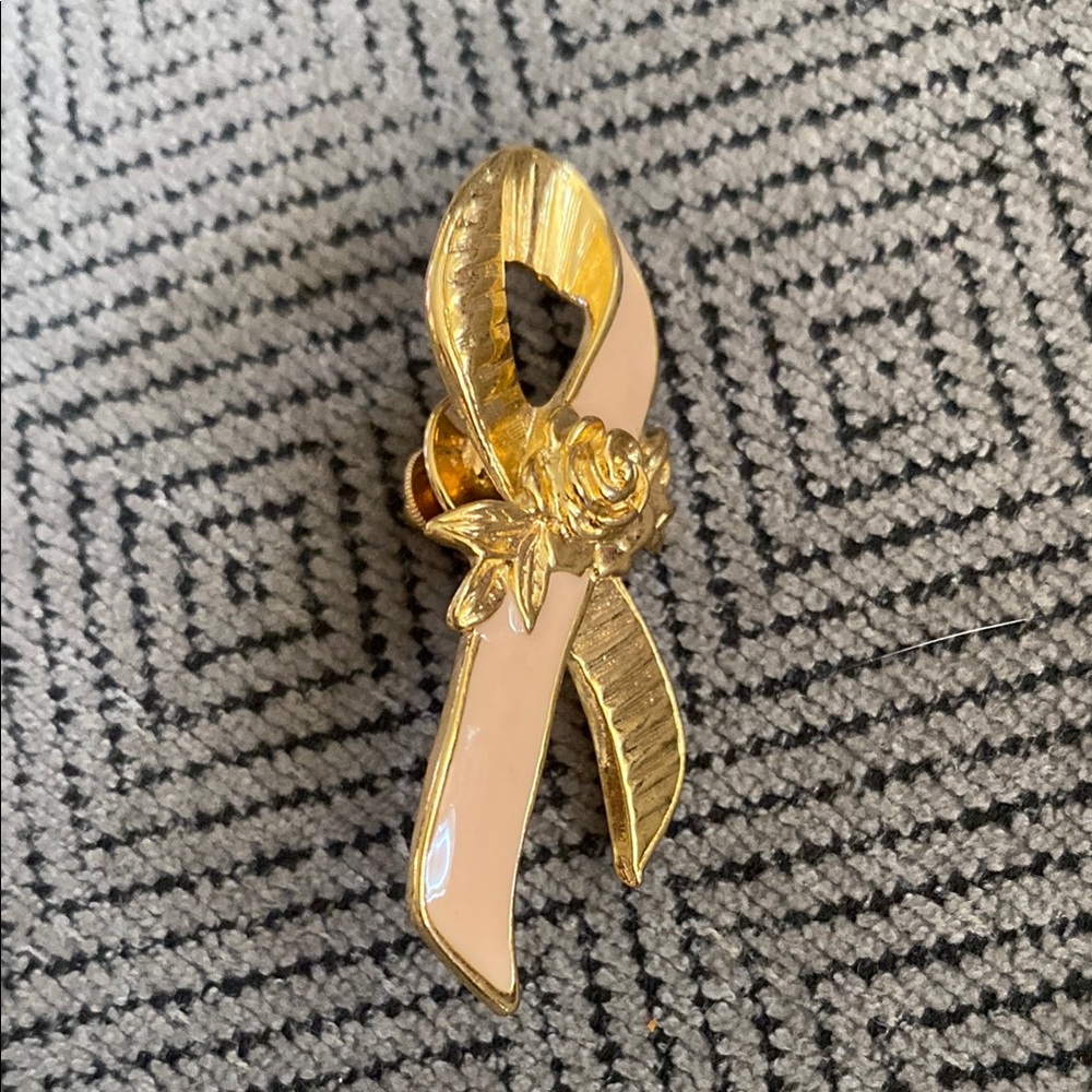 Gold and Pink Ribbon Brooch - Picture 3 of 3